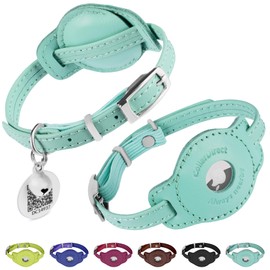 CollarDirect Airtag Cat Colar with QR Tag and Bell - Leather Cat Collar with Airtag Holder and Elastic Strap for Kittens, Small Big Cats - Cat Airtag Collar for Girl Boy Cat (Mint Green, S)