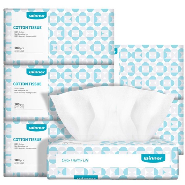 Winner Soft Dry Wipe, Made of Cotton Only, 600 Count Unscented Cotton Tissues for Sensitive Skin OEKO-Tex Safety Certified Chemical-Free Baby Wipes