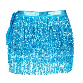 Women Belly Dance Skirt Fringe Skirts Sparkly Sequin Hip Scarf Party Costume, Blue, One Size