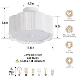 YOPININNT 13.5" Rattan Ceiling Light Fixture with Fabric Shade, Boho Light Fixtures Ceiling Flush Mount, 3-Light Rattan Flower Shape Close to Ceiling Light Fixtures for Kitchen Bedroom Entry (White)