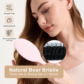 Boar Bristle Hair Brush for Women Men Kid with Cushion, Anti Static Paddle Hairbrush Adds Shine and Makes Hair Smooth, Dry and Wet Dual-use, 1 Pack-Pink