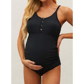 Diukia Women's One Piece Maternity Swimsuit Ribbed Button Front Scoop Neck Adjustable Spaghetti Strap Pregnant Swimwear Stretch Ruched Bathing Suit Black S