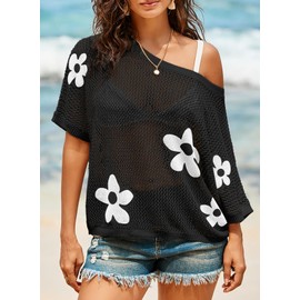 Dokotoo Womens Floral Summer Scoop Neck Cute Tops Sweater Casual Crochet Cruise Outfits Knit Tops Work Business Pullover Shirts Bathing Suit for Women,Black XX-Large