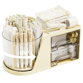 SAYEEC Rotating Desk Organizer with 2 Drawer, 6 Slots Multi-Functional Pencil Pen Holder, Desktop Makeup Organizer Stationery Accessories Storage Box Caddy for Office School Home Art Supplies (Beige)