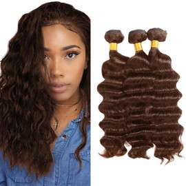 Color 4 Bundles Human Hair Brown Deep Wave Bundle Brazilian Unprocessed Hair 3 Bundles Dark Brown Bundle 12 12 12 Inch Double Weft Hair Weave