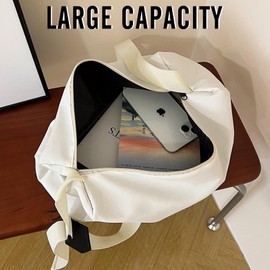 Fjquamitix Small Gym Bag Women, Waterproof Small Duffle Bag, Lightweight Womens Gym Bag with Built-in Compartments & Adjustable Strap (15x6.7x8.3in) (White)