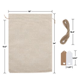 Tapleap Burlap Gift Bags with Drawstring - 10Pcs 10x14 Original Sacks with String&Tags for Wrapping Christmas Favors, Clothes, Toiletries, Breads, For Birthday, Wedding, Household Use