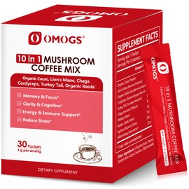 OMOGS Mushroom Coffee, 10 in 1 Extract Powder Blend Lion's Mane, Reishi, Cordyceps, Chaga, Turkey Tail, Instant Coffee-for Energy, Focus, Memory, Digestion & Immunity, 30 Serving