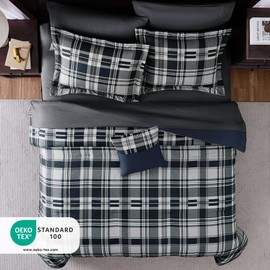 MaiRêve Full Size Comforter Set Navy Blue, Plaid Design Comforter Set 7 Pieces, All Season Comfortable Bedding Sets Full, Lightweight, Soft and Warm (Navy Blue, Full)