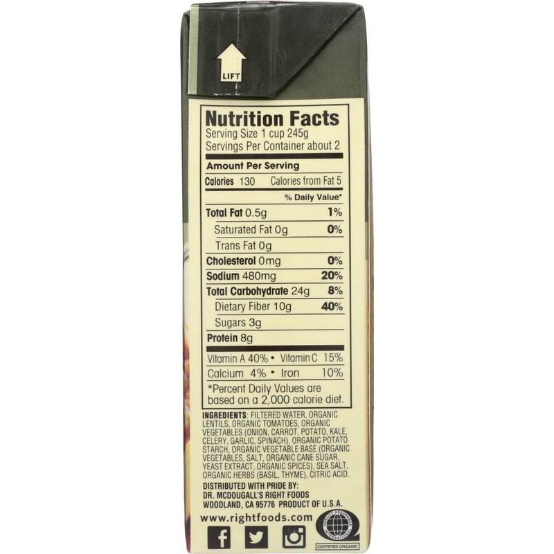 Dr. McDougall's Right Foods Organic Vegetable Soup, Lentil, 18-Ounce (Pack