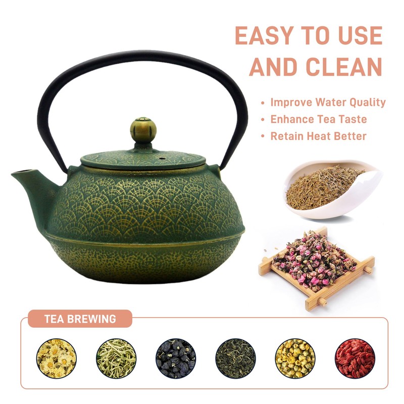 900ml Cast Iron Tea Kettle,SECHUDO Teapot Coated with Enameled Interior