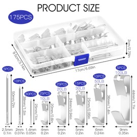 Pack of 175 Picture Hooks for Nailing, Steel, Nails with Hooks, Picture Hooks, Hanging Picture Hooks, Silver Photo Frame Hooks, Hangers, for Heavy Pictures, Photo Frames, Mirrors, Clothes, 5 Sizes