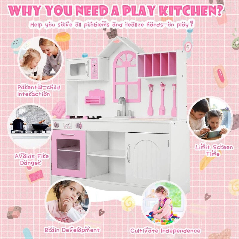 HONEY JOY Pink Kids Kitchen Playset, 43 Inch Rooftop Wooden