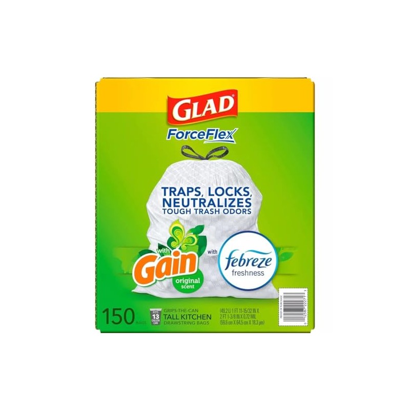 GLAD ForceFlex Tall Kitchen Drawstring White Trash Bags, Gain Original