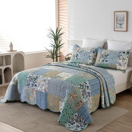 YAYIDAY Quilt King Size Patchwork Bedspread Set - 100% Cotton Reversible Breathable Floral Quilted Quilt with Pillow Shams Fit All Season