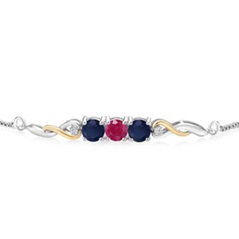 Gem Stone King 925 Sterling Silver and 10K Yellow Gold Red Ruby Blue Sapphire and White Lab Grown Diamond Tennis Bracelet For Women (1.77 Cttw, Gemstone July Birthstone, Fully Adjustable Up to 9 Inch)