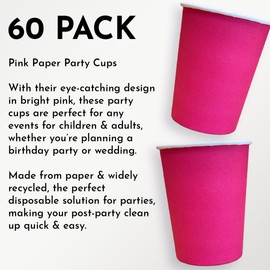 Kissymix Pink Paper Cups 60 Colourful Disposable Paper Party Cups - Bright Pink Cups for Birthdays, Parties and Celebrations