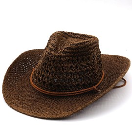 Men’s Western Cowboy Hat Wide Brim Shapeable Panama Straw Hat Summer Beach Sun Hat Outdoor Travel Cap with Chin Strap Brown