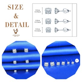 CPSLOVE Women's Solitaire Earrings 925 Sterling Silver Elegant 4 Claw Diamond Stud Earrings for Girls Earrings with Square Zirconia Set of 3 Pairs in Various Sizes, Sterling Silver, Cubic Zirconia
