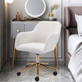 SSLine Desk Chair Faux Fur Task Chair,Modern Cute Accent Armchair Office Chair,Comfy Teddy Fabric Swivel Makeup Stool Desk Chair with Wheels for Living Room/Bedroom/Dressing Room