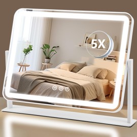 ViKert Vanity Mirror with Lights, 5X Magnification Spot Mirror, Makeup Mirror with Dimmable 3 Color Lighting, 17.3"L x 14.2"W