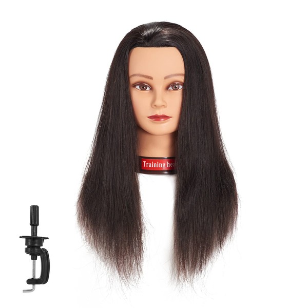 20-22" 100% Human Hair Mannequin Head Training Head Cosmetology Manikin Head Doll Head with Free Clamp (Natural Black)