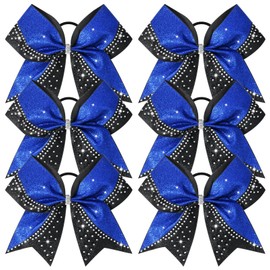 6PCS Glitter Cheer Bow Large Cheer Bows Rhinestones Hair Bows Girls 8"Cheerleading Bows Bulk Elastic Band Ponytail Holder for Teen Girls College Sports Competition Blue Black