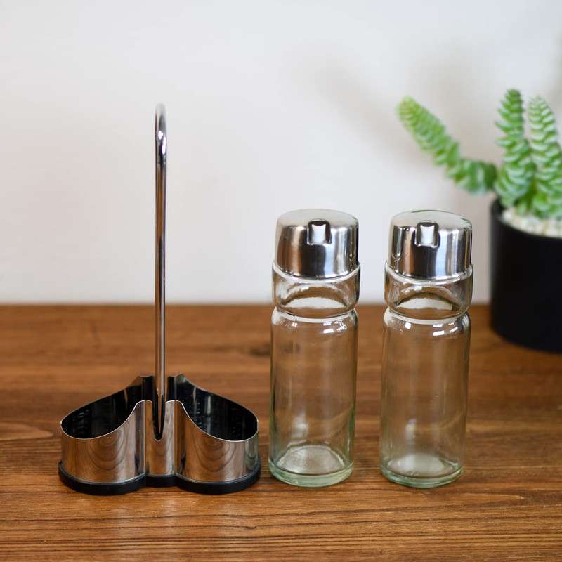 Oil and Vinegar Dispenser Set with Stainless Steel Holder,Clear Glass