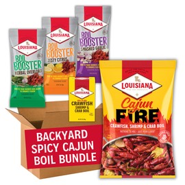 Louisiana Fish Fry Products Backyard Spicy Cajun Seafood Boil Bundle - 4.06 lb Cajun Fire Boil Seasoning, Herbal Overload, Smashed Garlic and Zesty Citrus Boil Boosters, 3 oz Boil Seed Bag - All In One Gift Pack