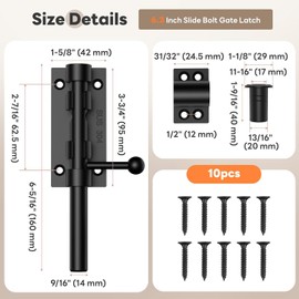 6.3 Inch Barrel Bolt Latch, Reinforced Slide Bolt Gate Latch, 304 Stainless Steel Door Latch Lock for Barn, Garden, Shed - 14 mm Bolt with Padlock Hole (Black-1pc 6.3 Inch)