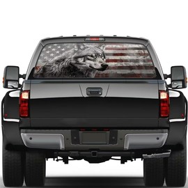 Wolf Flag Painting Truck Rear Window Perforated Decal Wrap Size 66in x 20in Graphic Vinyl Sticker Patriotic Decoration Fit Most Pickup Trucks SUV Back Window Sticker