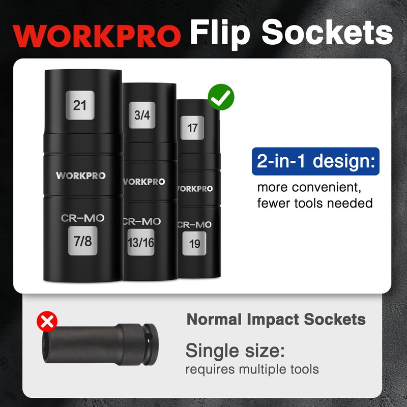 WORKPRO 4PCS Impact Socket Set 1/2" Drive, Lug Nut Socket