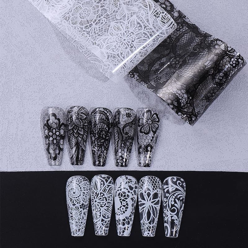 10 Stickers/Box White Nail Foil Lace Black Flower Spring Starry