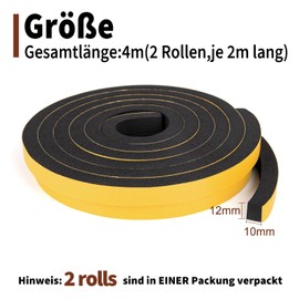 Yotache Foam Rubber Sealing Strip, Compriband, 12 mm (W) x 10 mm (D) Insulating Tape, Window Door Seal, Rubber Seal, Sound Insulation Foam Tape (2 Rolls Each 2 m Long)
