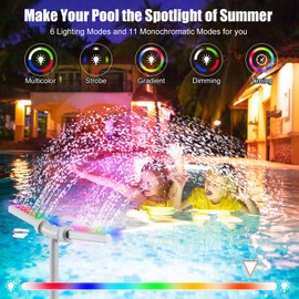Pool Fountain with Lights for Above Ground Inground Pools Dual Sprayer Sprinkler with 6Lighting Modes+11 Monochromatic Modes+Timer, Pool Lights with Remote, Solar Pool Fountain