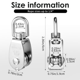 12 Pack M15 Pulleys for Rope, 304 Stainless Steel Wire Rope Cable Pulley, Heavy Duty Swivel Pulley Wheel Hanging Wire Towing Wheel for Lifting