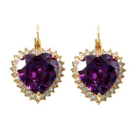 Navachi 18k Gold Plated Heart Purple Zircon Crystal Leverback Earrings