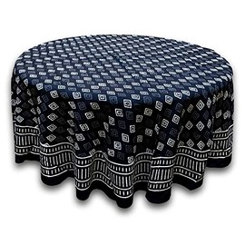 India Arts Hand Block Print Dabu Geometric Tablecloth Round Cotton Table Linen Beach Sheet Beach Throw (Black, Round 72 inches)