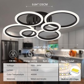 ZUYURT Modern LED Ceiling Light, 6 Rings Flush Mount Ceiling Lighting Fixtures, Black LED Ceiling Lamp for Kitchen, Living Room, Bedroom, Laundry Room, 4000K