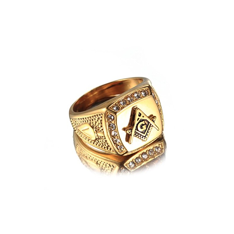OAKKY Mens Stainless Steel Masonic Freemason Ring with Diamonds Biker