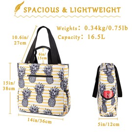 VASCHY Beach Tote Bag for Women, Lightweight Water Resistant Fold-able Large Tote Bag w Zipper for Vocation Cute Pineapple