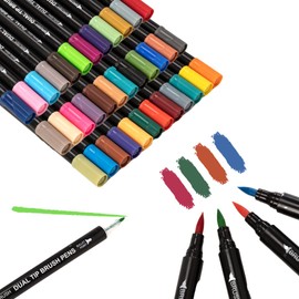 HTI Fairfax & Co Dual Tip Pens | 36 Piece Premium Quality Coloured Dual Tip Brush Pens in Storage Case Watercolour Brush Felt Tip Pen, Blendable, Water Based Ink Adults Drawing and Sketching