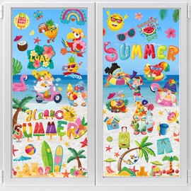 HOWAF 90+PCS Summer Window Clings Stickers Sun Beach Double-Sided Window Decals for Glass Windows, 9 Sheets Hello Summer Ice Cream Flip Flops Window Decals for Beach Pool Party Supplies Home Office