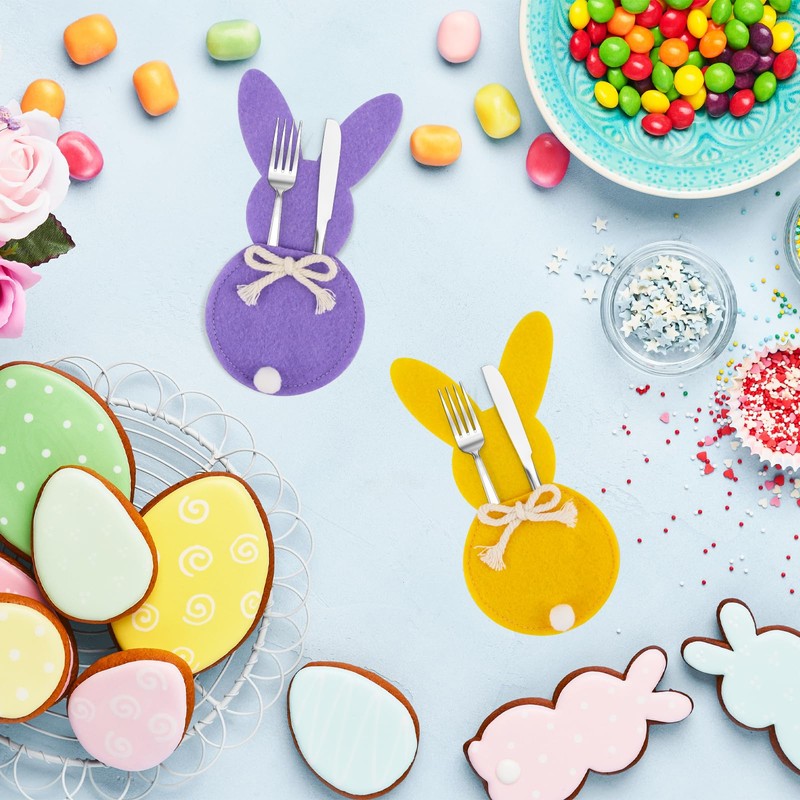 SilverChry 12 Pieces Cutlery Holder Easter Bunny Cutlery Bag Felt