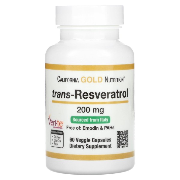 Resveratrol, 98% Pure Trans-Resveratrol, Free of Emodin & PAHs, Italian Sourced, 200 mg, 60 Veggie Capsules