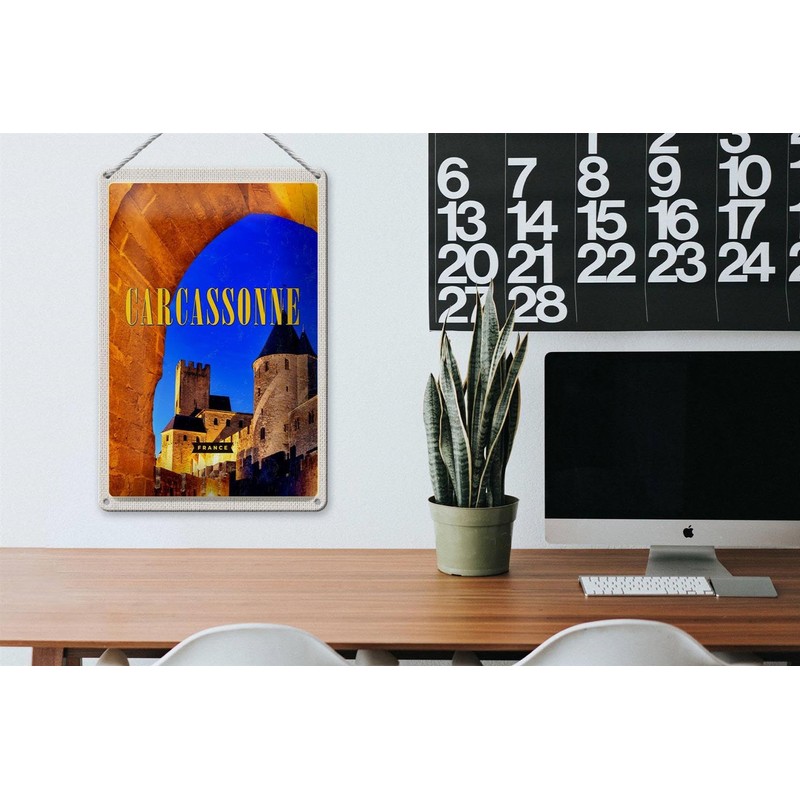Tin Sign with Retro Carcassonne France Medieval Travel Design 20