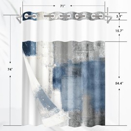 Nesphy No Hook Blue Grey Painting Shower Curtain with Snap-in Liner, Contemporary Double Layers Waterproof Fabric with See Through Top Window Open Grommet Bath Curtain 71x74 Inch