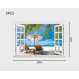 FLFK Fake Window Wall Decal - Ocean Beach Faux Window Wall Mural for Wall Decor, Peel and Stick Wall Sticker,24"x16"