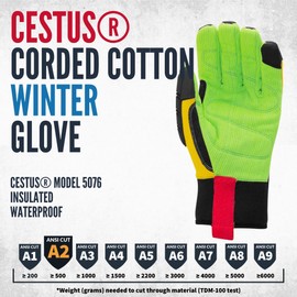 Cestus 5076, Waterproof Winter Work Gloves, Level A2 Cut Resistant, Impact Gloves, Corded Cotton Palm (Winter, 3X-Large)