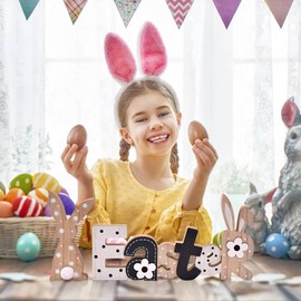 IDATOO Easter Decoration Sign Blocks, 2-PCs Wooden Easter Bunny Tabletop Decor, Rustic Spring Easter Wooden Table Signs, Festive Farmhouse Decorative Wood Block Set for Home Office Indoor (Bunny